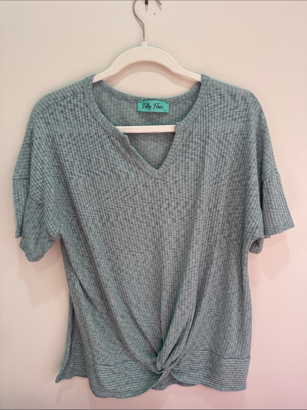 Filly Flair Sage Green Ribbed Knot-Front Short Sleeve Top